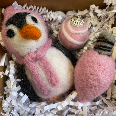 Pink Penguin Wool Ornament Set
