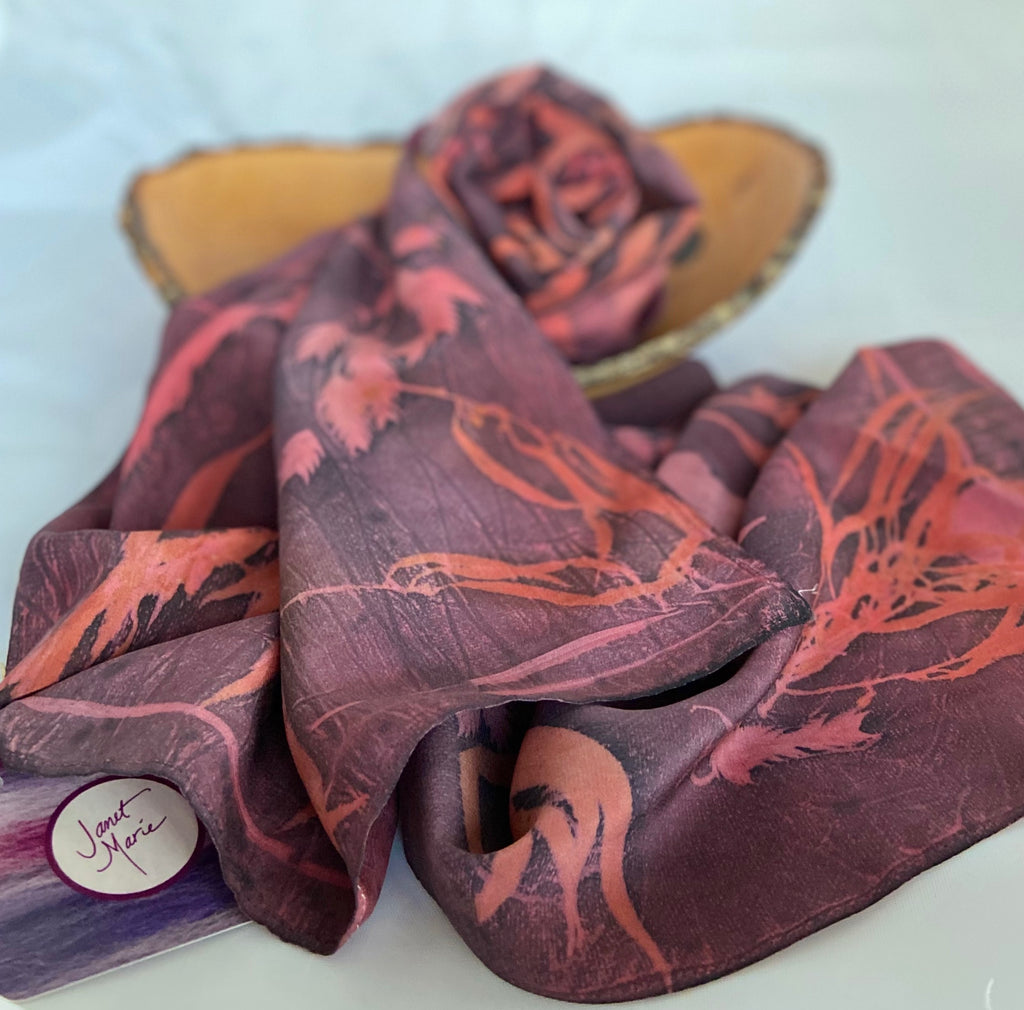 Botanical Print Stonewashed Silk Scarf, One of a Kind