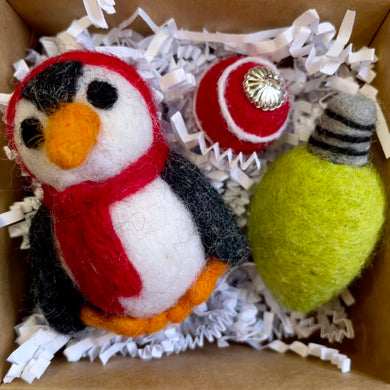 Red Penguin Wool Ornament Set
