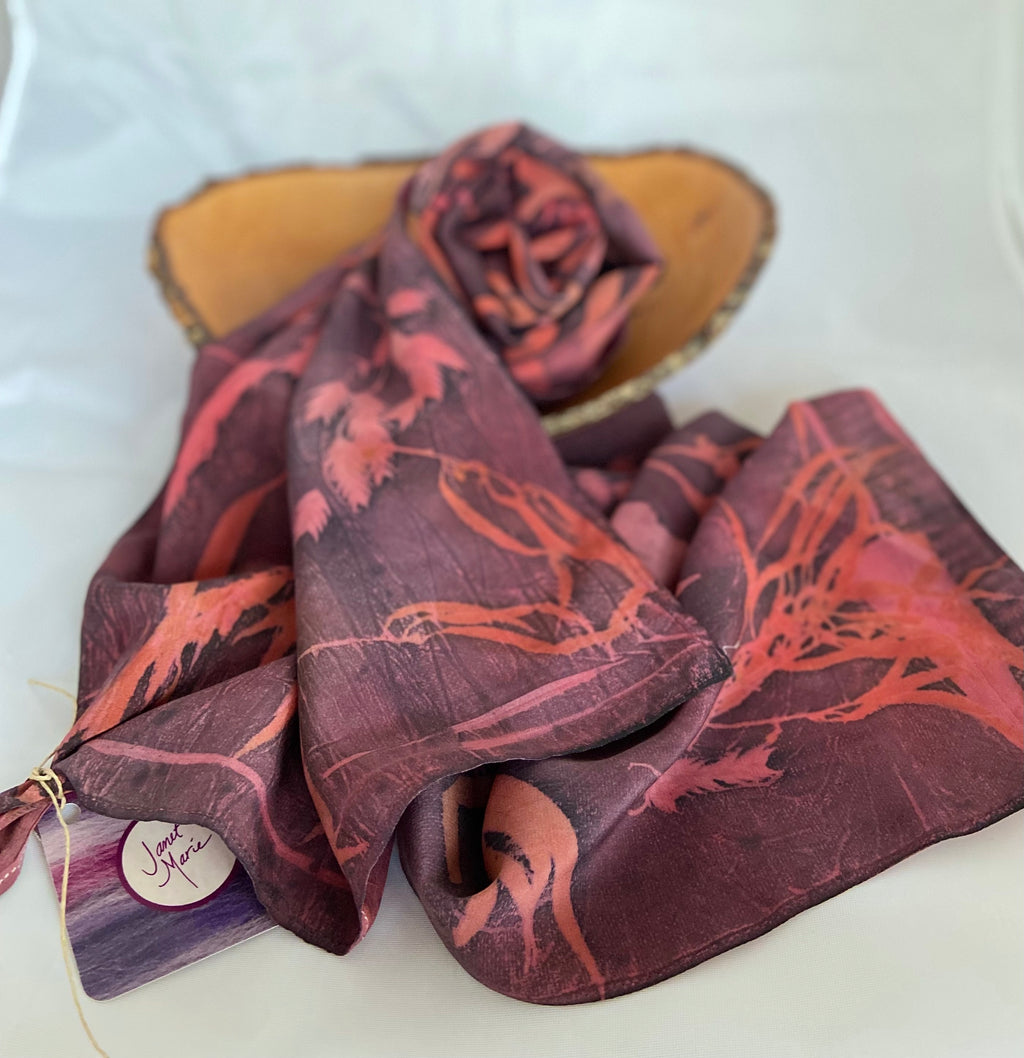 Botanical Print Stonewashed Silk Scarf, One of a Kind